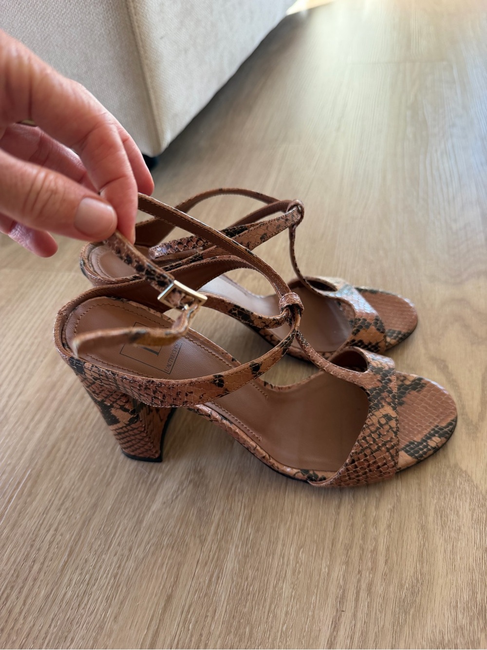 Women’s Snake-Print Strappy Block Heels in Brown